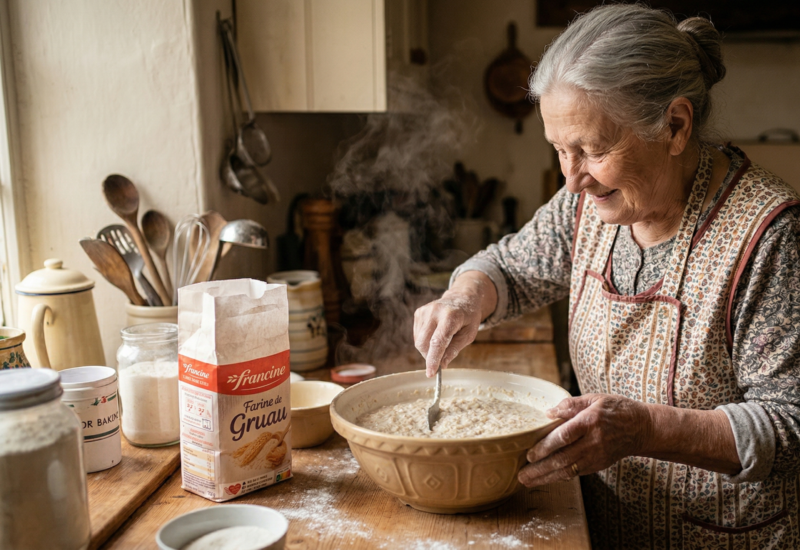 Femme âgée cuisinant avec de la farine