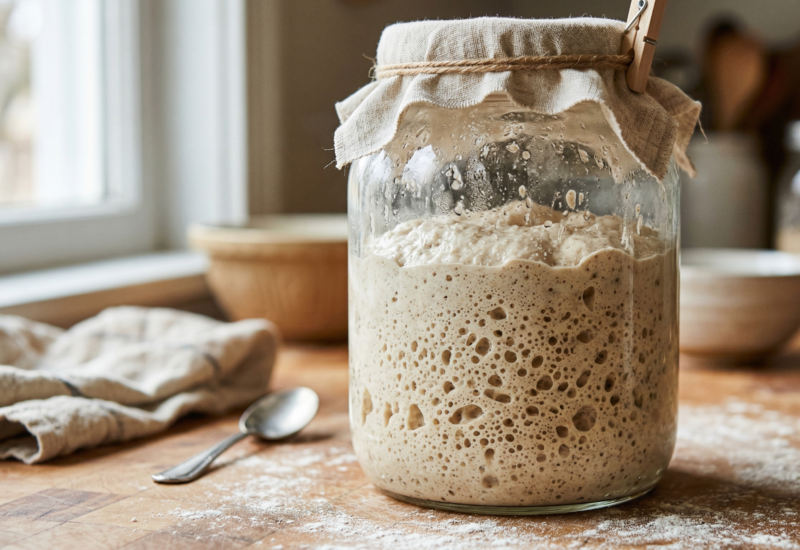 Bocal de levain sur une table en bois